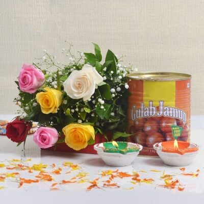 Delicious Gulab Jamun With Diyas And Roses Bunch