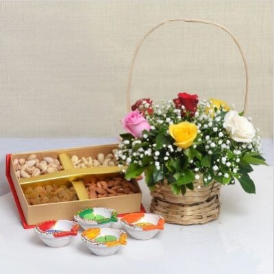 Roses Basket With Assorted Dry Fruits And Diyas