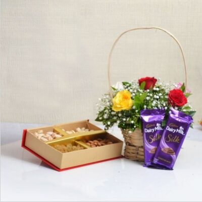 Mix Roses Basket With Dairy Milk And Dry Fruit