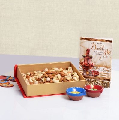 Diyas And Diwali Card With Assorted Dryfruit Box