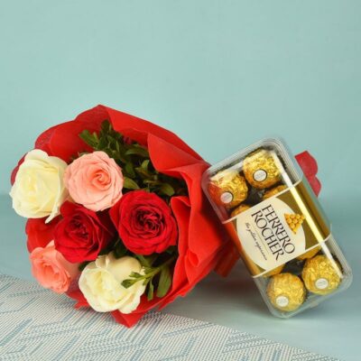 Assorted Roses Bouquet N Rocher Chocolates